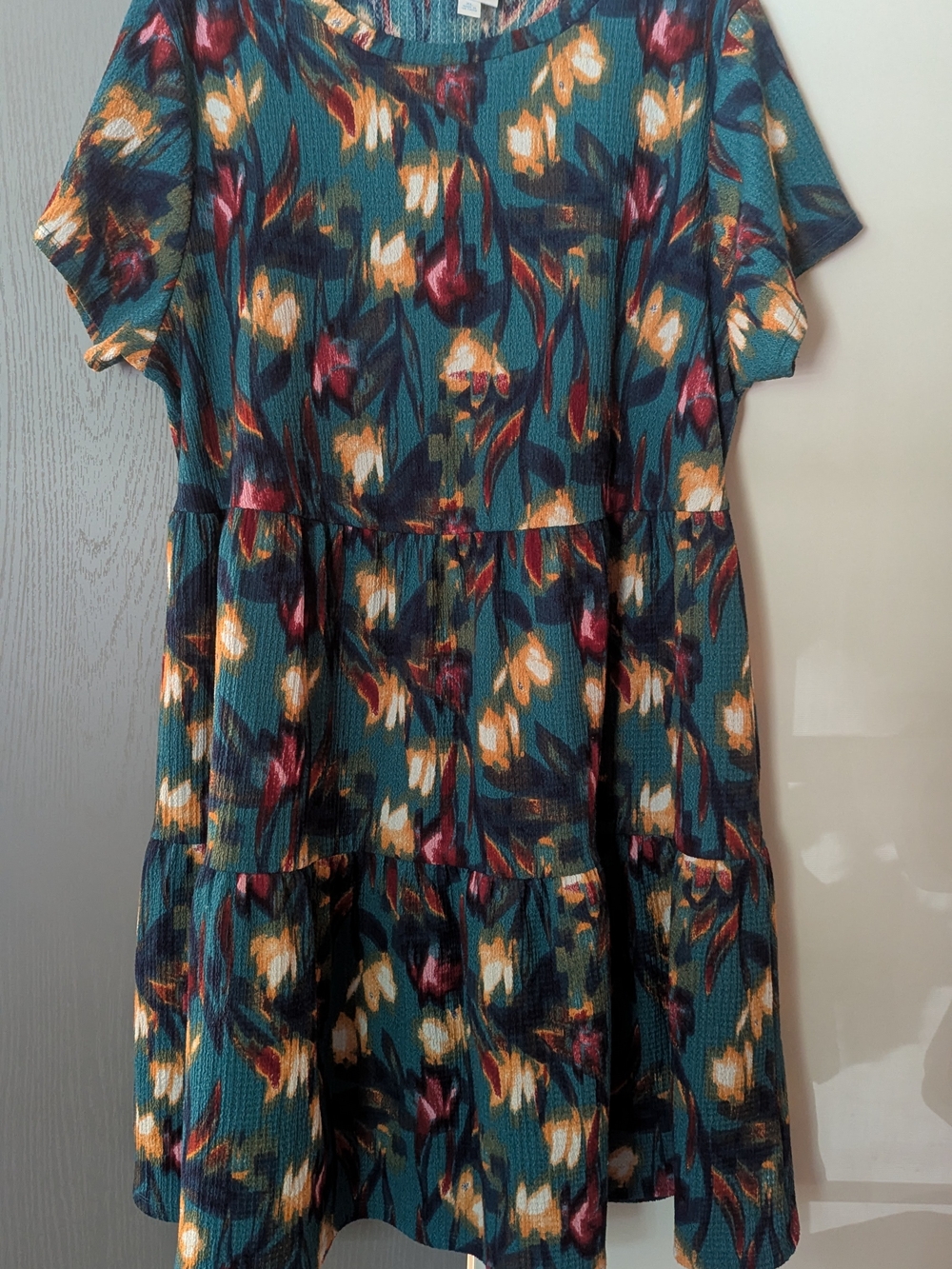 LuLaRoe Teal Floral Tiered Mini Dress with Mustard & Burgundy Accents